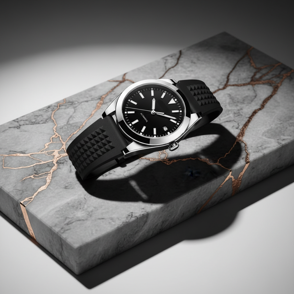 Black Diver Watch on Rose Gold Marble Platform