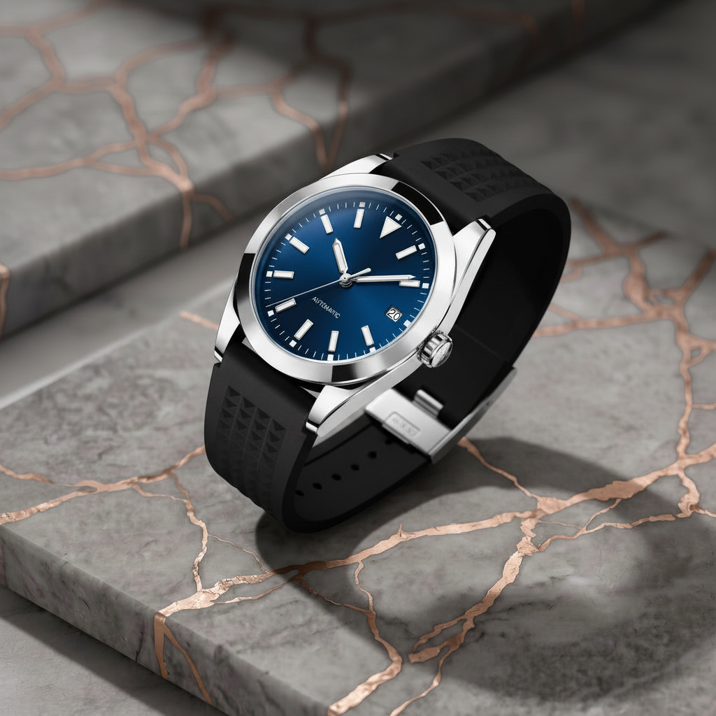 Dark Blue Diver Watch on Rose Gold Marble Platform