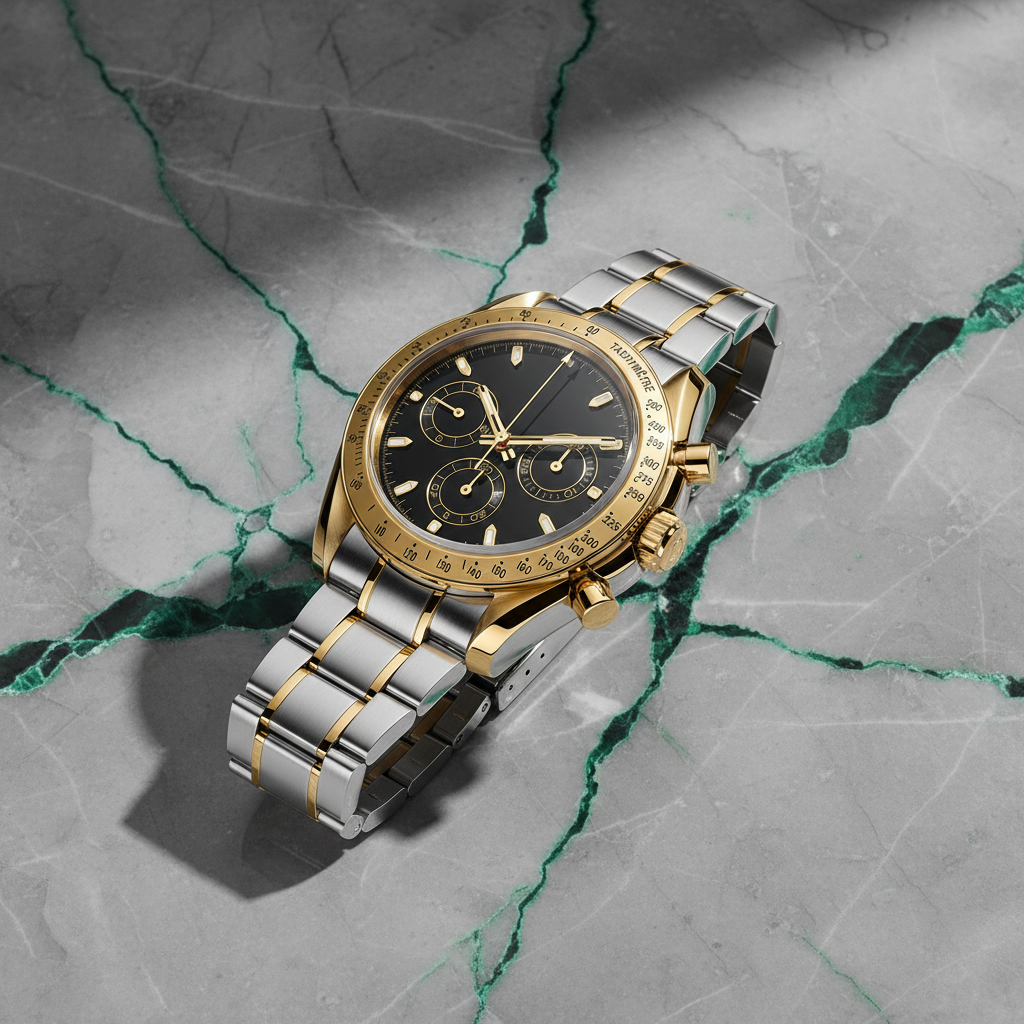 Gold Black Chronograph on Green Marble