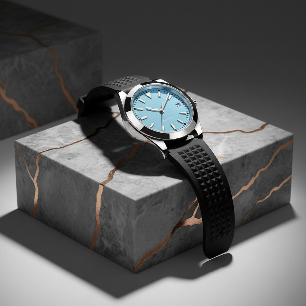 Light Blue Diver Watch on Rose Gold Marble Platform