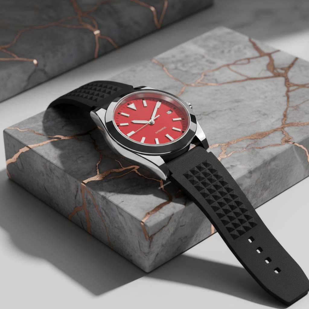 Red Diver Watch on Marble Platform