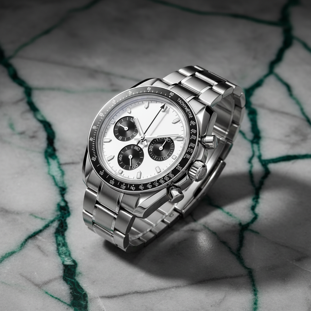 Silver Black Chronograph on Green Marble