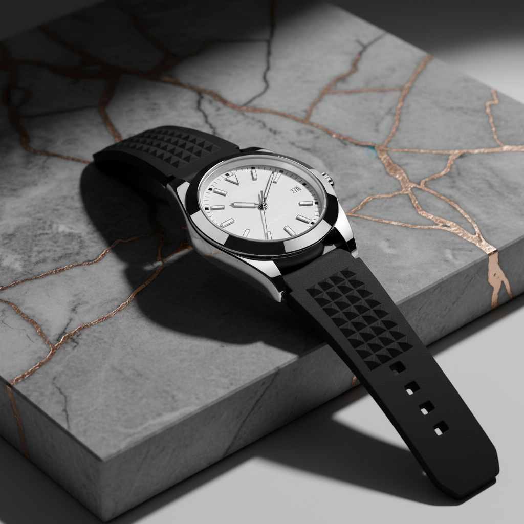 White Diver Watch on Rose Gold Marble Platform