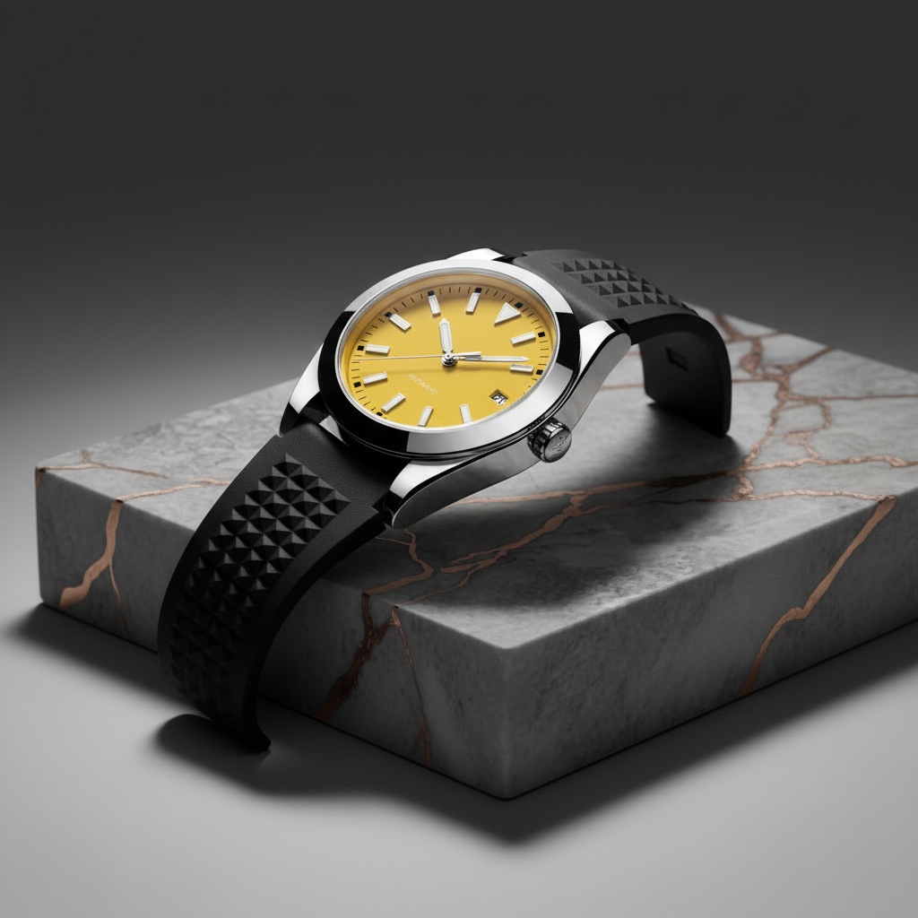 Yellow Diver Watch on Rose Gold Marble Platform